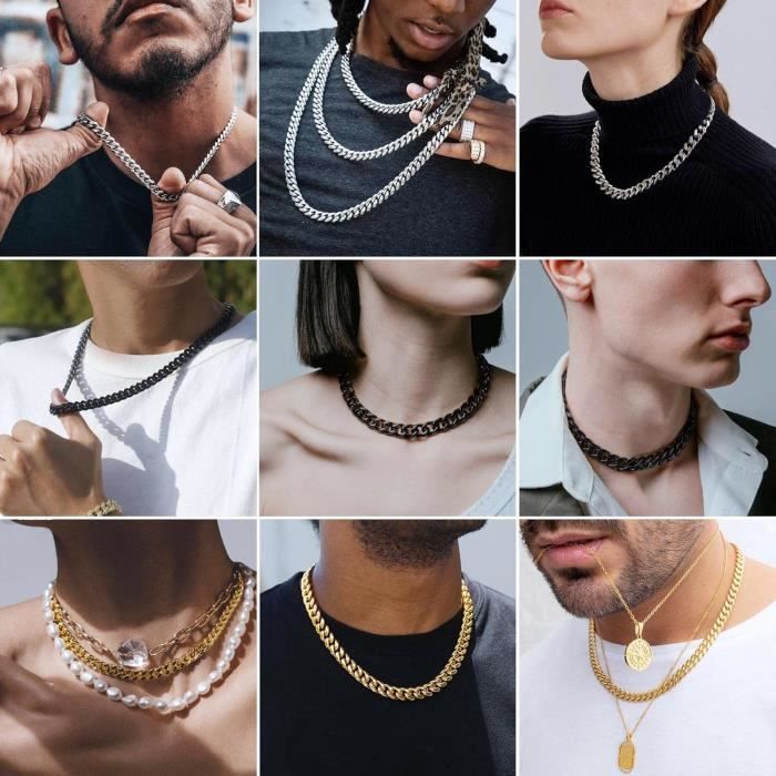 Collier Chaîne Homme Acier Inoxydable Cubain 10mm - Argent/Or/Noir | Longueur 46-76cm