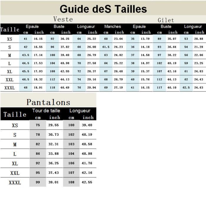 Taille de sale costume homme correspondance