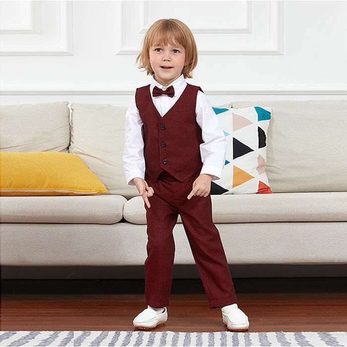 Costume Enfant Garçons Mariage Ensemble de 3 Pièces Gilet + Chemise +  Pantalon Pâques Bénédiction Formel Tenue 1 - 4 Ans Rouge