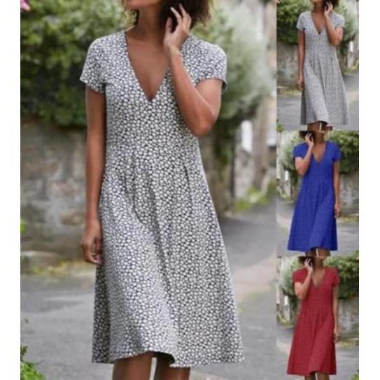 Robe Classique midi imprimee a manches courtes et col rond pour femme blanc blanc ZP Blanc Cdiscount Pret a Porter