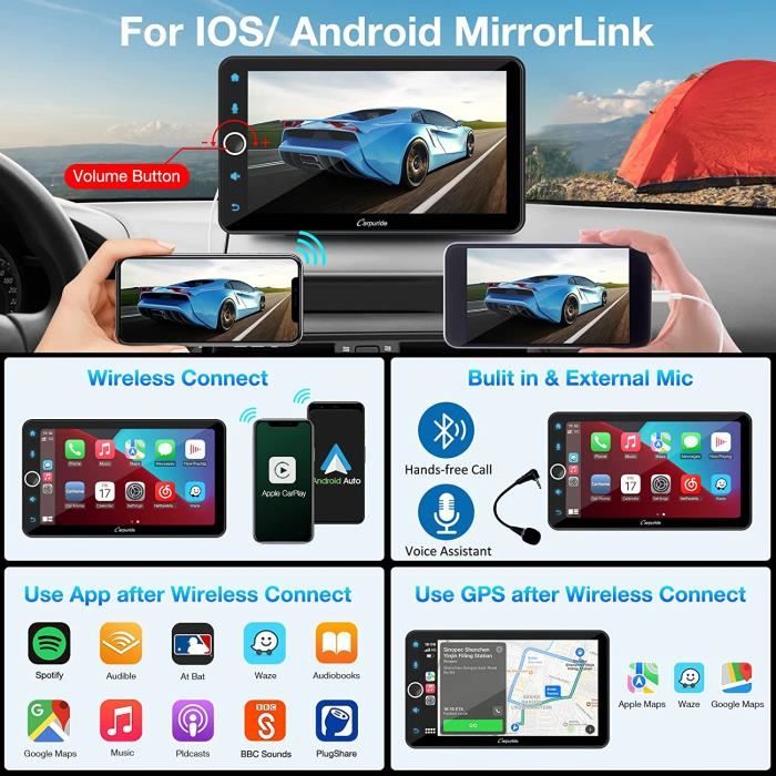 Carpuride 706 Sans Fil Apple Carplay et Android Auto, Autoradio à Écran  Tactile HD IPS 7 Pouces avec Bouton, Bluetooth 5.0/Google - Cdiscount Auto