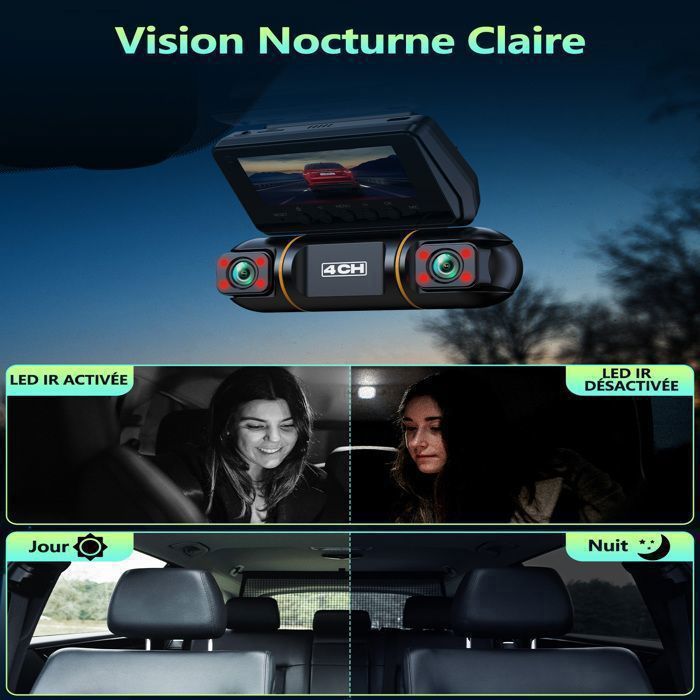Dashcam Voiture 3 Canaux Avant Intérieur Arrière 1080P+720P+1080P - Batterie Intégrée, G-Sensor, Mode Parking, Vision Nocturne