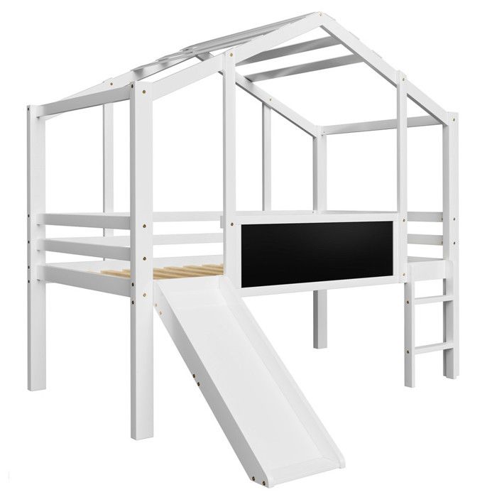 Lit Cabane Enfant Avec Toboggan Et Tableau Noir - 90x200 Cm - Mezzanine 1 Place - Bois Massif - Blanc - Gain De Place