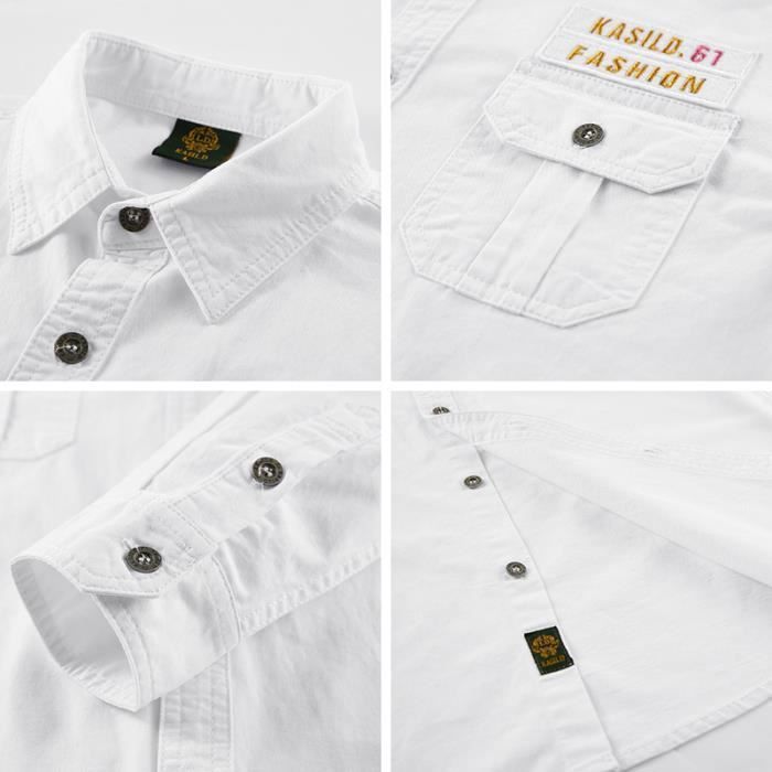 Chemise Militaire Multi-poches Homme Manches Longues Chemise en Coton Couleur Unie - Vert militaire Vert militaire - Prêt-à-Porter