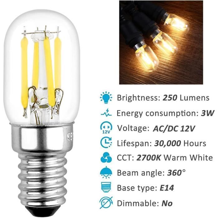 Ampoule 12V E14 3W Blanc Chaud 2700K 250Lm, T22, Équivalent Lampe Portail  12V 10W 25W, E14 Led Filament Ampoule 12 Volt Ac Dc[H504] - Cdiscount Maison