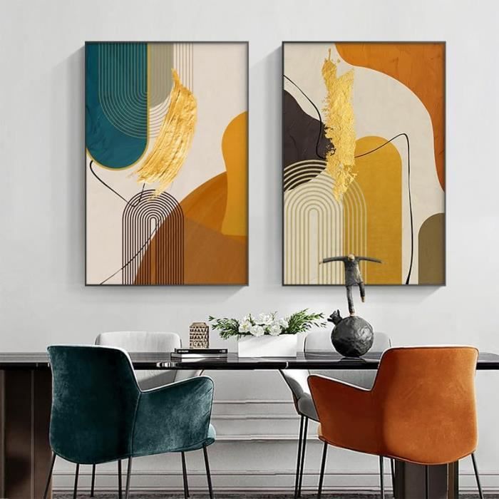 Lot de 3 peintures sur toile modernes et minimalistes - Orange et doré -  Bloc de couleur - Poster abstrait - Ligne noire - 30*40cm - Cdiscount Maison