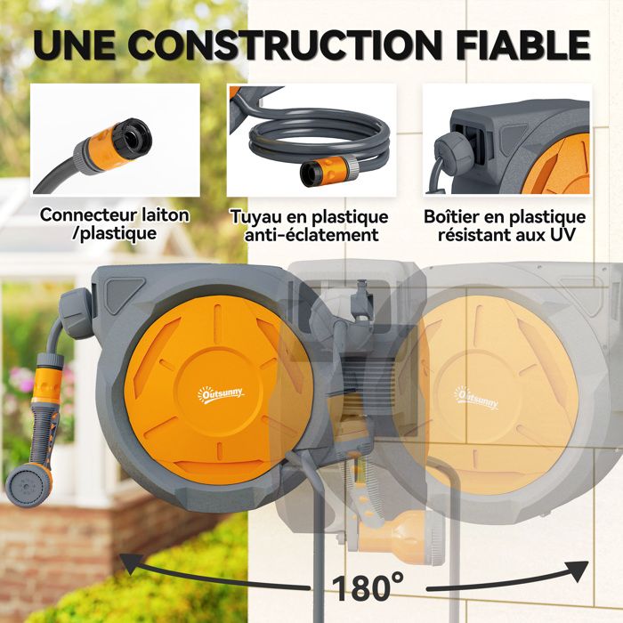 Enrouleur Tuyau Arrosage Outsunny Pivotant 180° - 15m + Lance - Support Mural Inclus (Turquoise Gris)