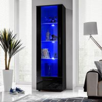 Vitrine Armoire Alessandria Komodee - LED bleues - Noir Brillant & Noir - Façades en Brillant - L60cm x H192cm x P42cm