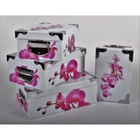 4 Grandes Boites de Rangement - Carton Impr. Orchidée Rose/Blanc Angles/Poignées Métal. 23x15x9-5x16,5x10-27x18x10,5-29x20x11cm