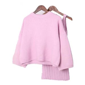 ROBE Robe,Costume tricoté pour femmes, 2020 laine, pull en cachemire élastique, pull ample + jupe longue à la hanche, deux - pink[F23977]