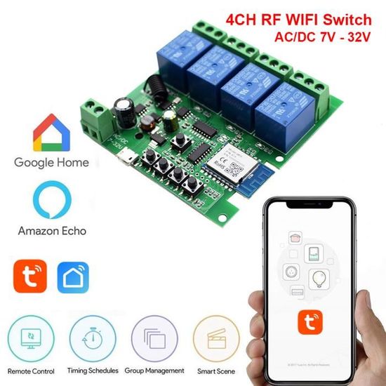 Module Relais 4 Canaux WiFi + RF433 - Contrôle Vocal Et à Distance - Pour Domotique DIY 5-24V/100-240V - 6