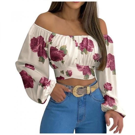 Elastique paules d nud es Tops Court pour Femme Casual Bouffante