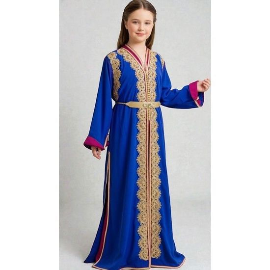 Caftan Marocain Velours Enfant Fille Trés Elegant - Ceinture Assortie - Ensemble 2 Pieces- Kaftan 10-11 Ans Vert