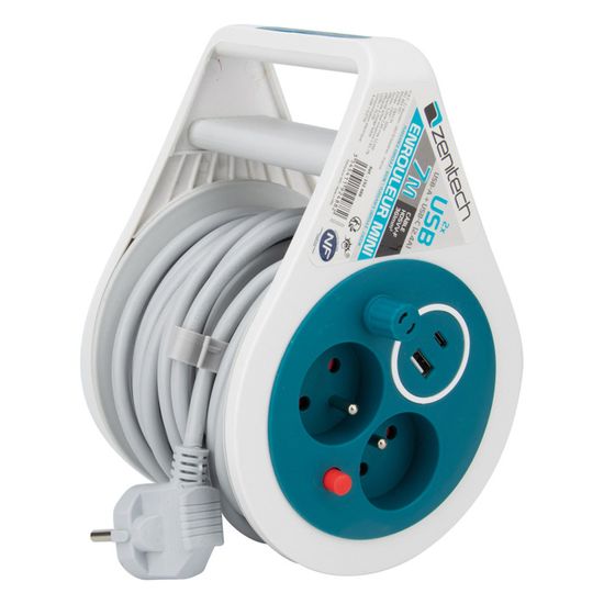 Mini Enrouleur Design 3 Prises 2p t - 7m Bleu - Zenitech Sur Bloc D'alimentation Zenitech - Mini Enrouleur Design 3 Prises Rallonge Electrique Enrouleur