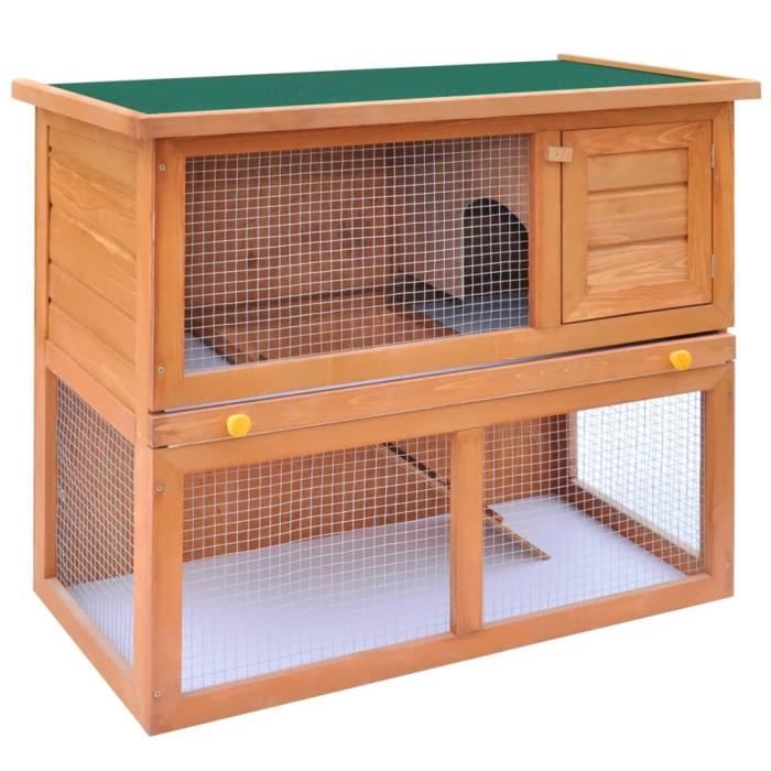 KEL® Clapier cage à lapins rongeurs poulailler pour petits animaux de compagnie d'extérieur 2 niveau Bois de sapin massif HB170158