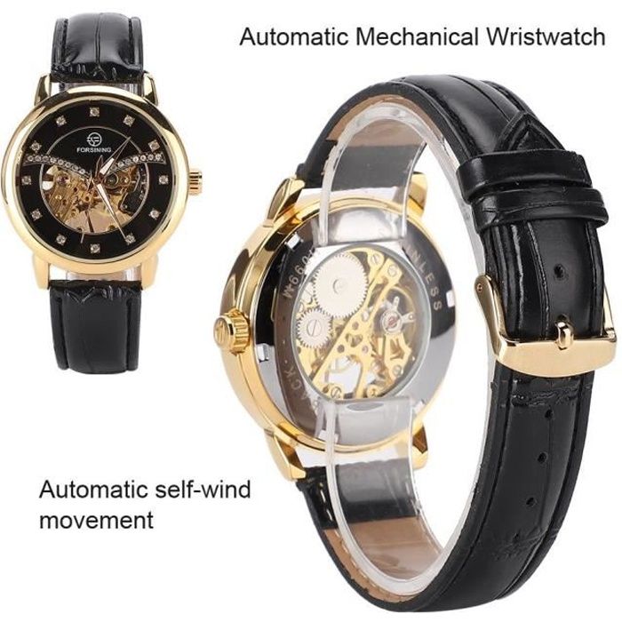 SIB Forsining Montre Mécanique Automatique 10M Étanche Hommes Pu Bracelet Montre-Bracelet (Noir)