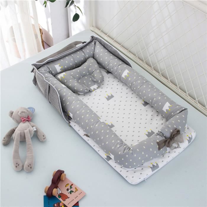 Lit Bébé Portable en Coton Reducteur de lit Pliable Nid pour nouveau-né nourrisson de voyage Lavable Berceau 0-2 Ans, Gris Couronne