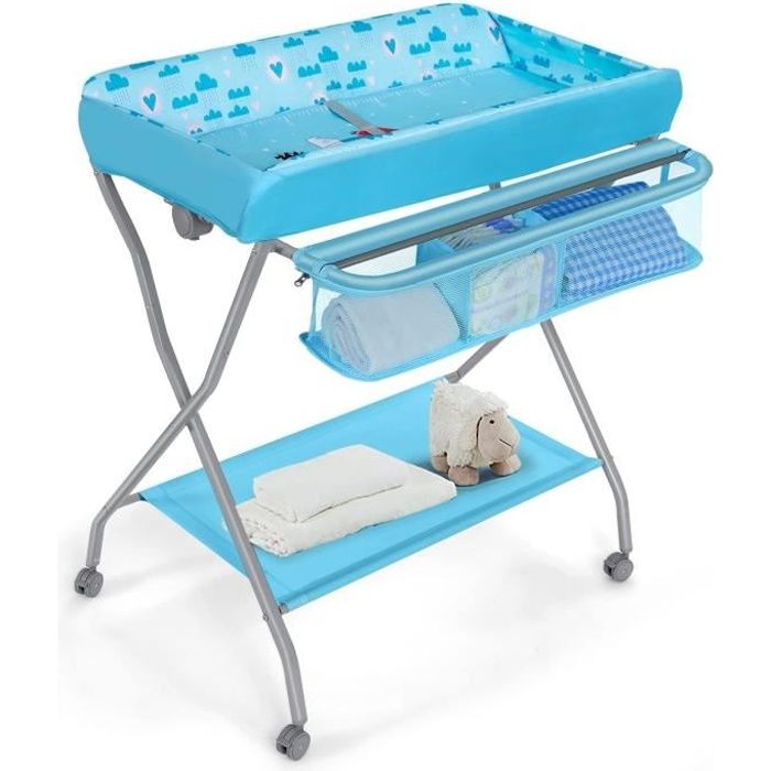 DREAMADE Table à Langer 4 en 1 Pliable avec Panier de Rangement, Table à Langer Roulante avec Ceinture de Sécurité, Bleu