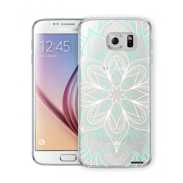 Coque Samsung Galaxy S6 Edge rigide transparente Mandala Turquoise Ecriture Tendance et Design Evetane