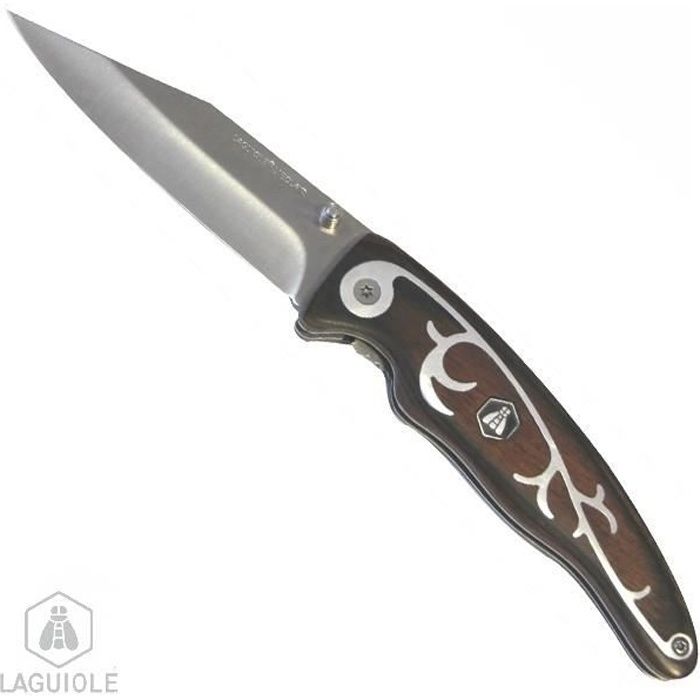 LAGUIOLE Couteau Alambra manche en bois exotique 21cm, à cran de sécurité ou système de blocage de lame. Acier inoxydable