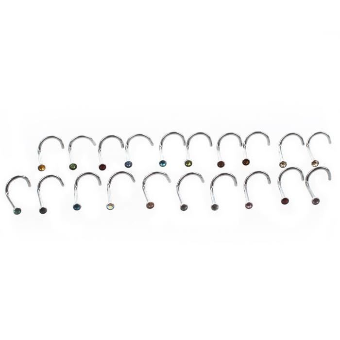 20pcs Piercing nez couleurs strass courbe Anneaux de nez en acier inoxydable