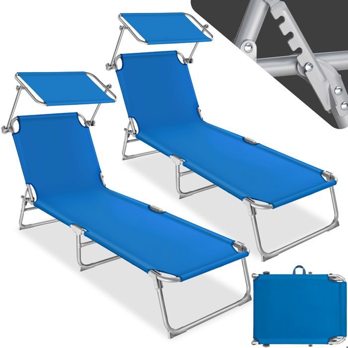 TECTAKE Transat Jardin de Bain Pliant Inclinable avec Pare Soleil en Acier 190 cm Bleu x 2