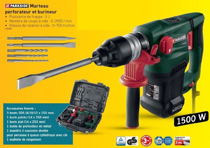 Burineur perforateur Parkside PBH 1500 B2 Marteau pneumatique o Perforateur et burineur o avec accessoires o