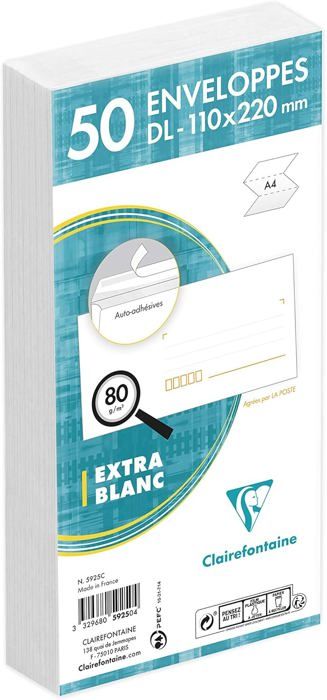 Paquet De 50 Enveloppes - Blanches - C6 114x162mm - Auto