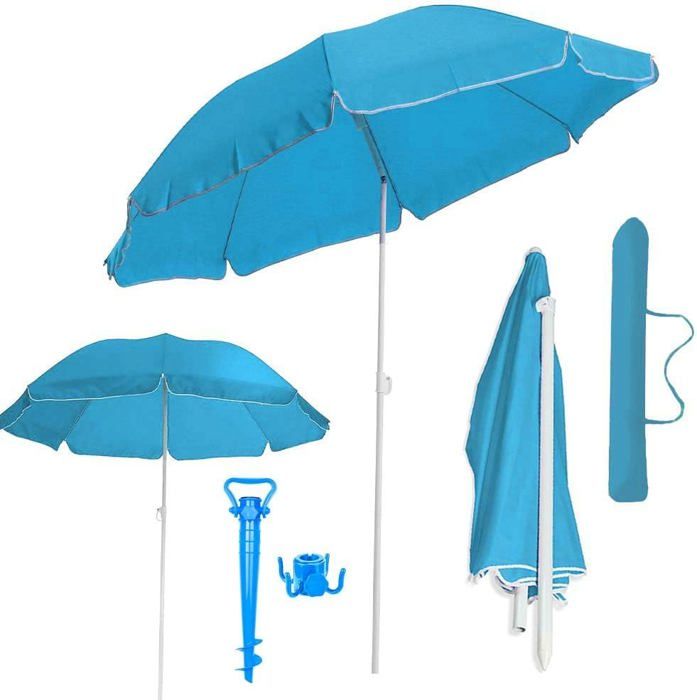Parasol Rond Pliable Bleu 1,80 M - Nylon, Tronc Métal, Inclinaison Réglable, Pour Jardin, Terrasse, Plage