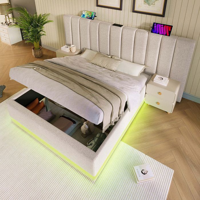 Lit coffre 180×200 cm Lit rembourré Lit double avec LED et USB-C Cadre de lit - SWEIKO - Lin Beige Lit coffre 180×200 cm Lit rembourré Lit double avec LED et USB-C Cadre de lit - SWEIKO - Lin Beige