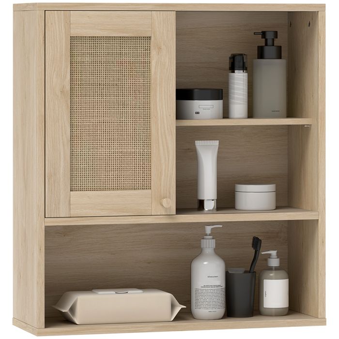 Armoire murale salle de bain - HOMCOM - porte coulissante en rotin et étagères ouvertes 60 x 20 x 65 cm bois naturel