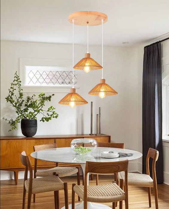 iDEGU Rétro Suspension Luminaire Industriel 26cm Lustre Plafonnier Vintage en Rotin et Bois Abat-jour Design Chapeau Lampe Réglable