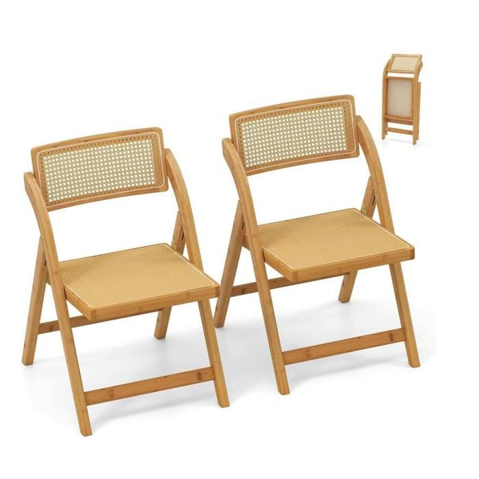 Chaises Salle à Manger Lot de 2 - RELAX4LIFE - Dossier Pivotant - Chaise Pliante en Bois - Cadre en Bambou - Charge 150KG - Naturel