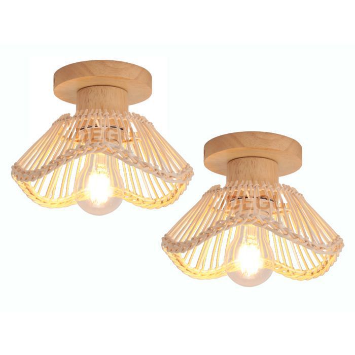 iDEGU 2x Plafonnier Vintage E27 Lampe de Plafond Industriel Abat-jour en Rotin et Bois Lustre Style Nordique pour Couloir Salon
