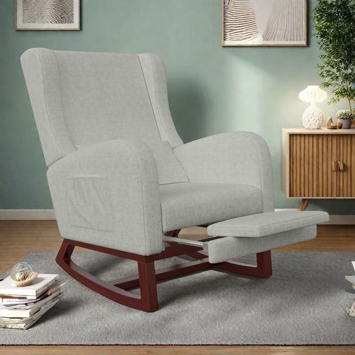 Fauteuil a Bascule avec Repose Pied Rocking Chair Coussin Lombaire et 2 Poches latérales Pieds en Bois Massif pour Salon Gris