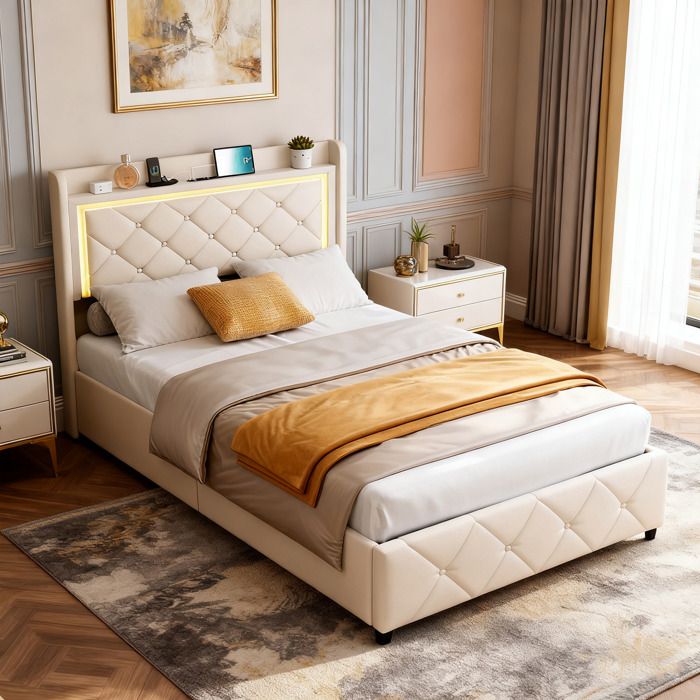 Lit enfant 90x200 velours beige avec LED ports USB-C sommier et 2 tiroirs