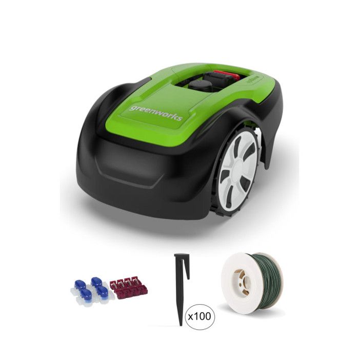 Pack robot tondeuse Optimow M GREENWORKS - pour 500m2 - 100m fil 100 piquets et connecteurs
