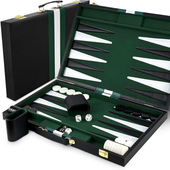 YUJUVI Backgammon - Mallette pour 2 joueurs - Jeu de société classique de 11 pouces - Avec sac en cuir de qualité supérieure - Portable et de voyage - 38,4 cm - Marron