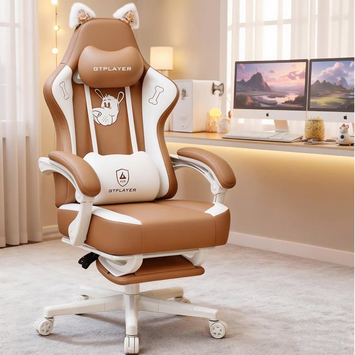 Chaise gaming ergonomique - GTPLAYER - Oreilles de chat - Velours marron - Mousse à mémoire - Repose-pieds réglable