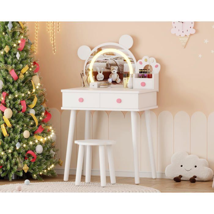 Coiffeuse Enfant Forme dOurs avec Miroir LED–Table de Maquillage Princesse en Bois avec Tiroirs Tabouret Fleur Sécurisée–Blanc
