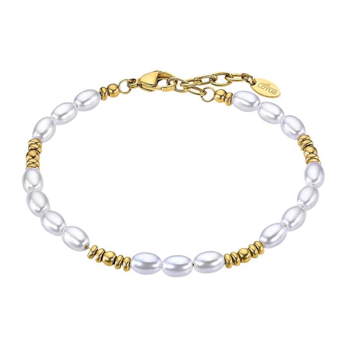Lotus Bracelet femme acier inoxydable doré perles blanches ajustable 16–19 cm Lotus Bracelet femme acier inoxydable doré perles blanches ajustable 16–19 cm