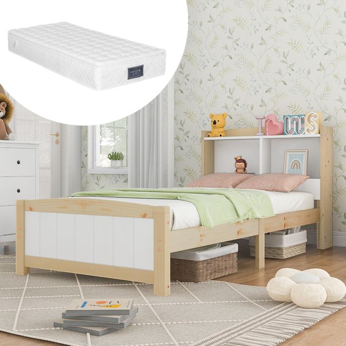 Lit Enfant en Bois Massif 90x200cm avec Matelas Cadre de Lit avec Sommier à Lattes en Pin Lit 1 Personne Naturel et Blanc