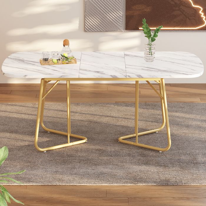 Table à Manger Extensible 140-180 x 80 cm Effet Marbre Blanc avec Pieds en Métal Doré Design Moderne pour 4 à 6 Personnes Table à Manger Extensible 140-180 x 80 cm Effet Marbre Blanc avec Pieds en Métal Doré Design Moderne pour 4 à 6 Personnes