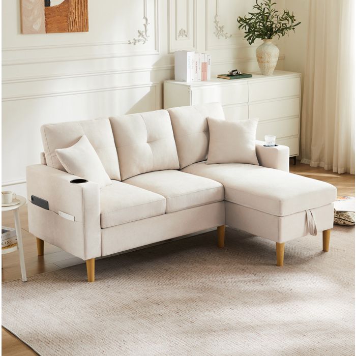 Maisentiel canapé d’angle 3 places beige avec méridienne réversible rangement et porte-gobelets - 175 x 129 x 90 cm