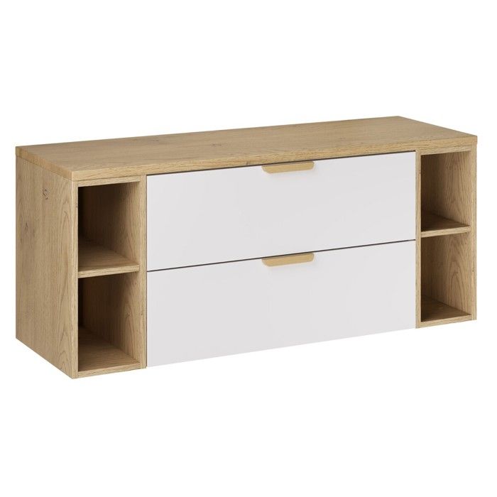 Meuble sous vasque suspendu ASTER blanc 120 cm avec deux extensions et plan en chêne Meuble sous vasque suspendu ASTER blanc 120 cm avec deux extensions et plan en chêne
