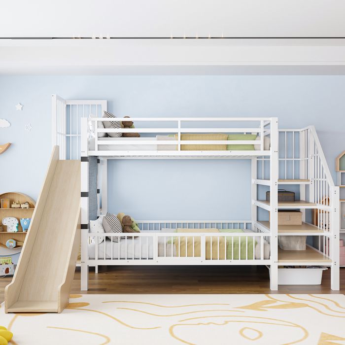 Lit superposé pour enfants avec toboggan et escalier de rangement barrière de sécurité et étagères intégrées 90 × 200 cm blanc