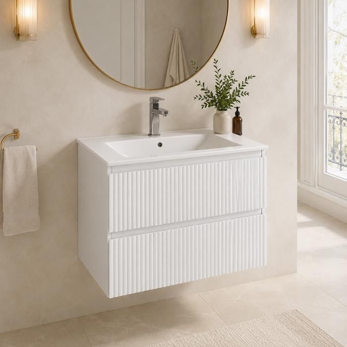 Meuble de Salle de Bain - Avec Vasque 60 cm - 2 Tiroirs -Conception murale-Pour WC Invités et Petites Salles deau-52x61x46cm-Blanc