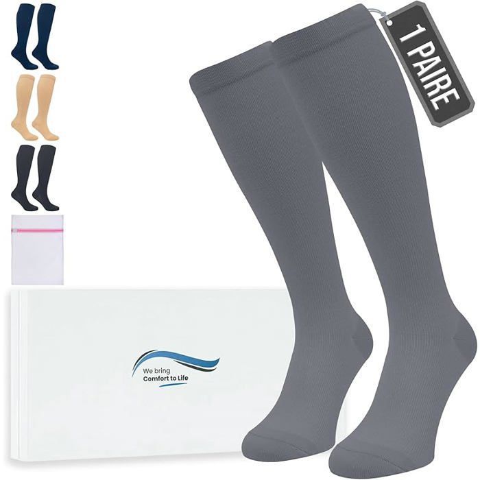 Bas de Contention - 1 Paire Couleur Unie Chaussettes de Compression Femme et Homme - Idéales pour Vols 1Paire-Gris XXL