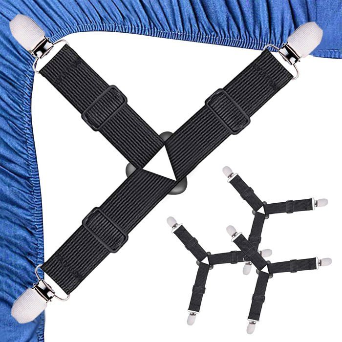 Attaches élastiques ajustables pour drap housse lot de 4 avec pinces métalliques