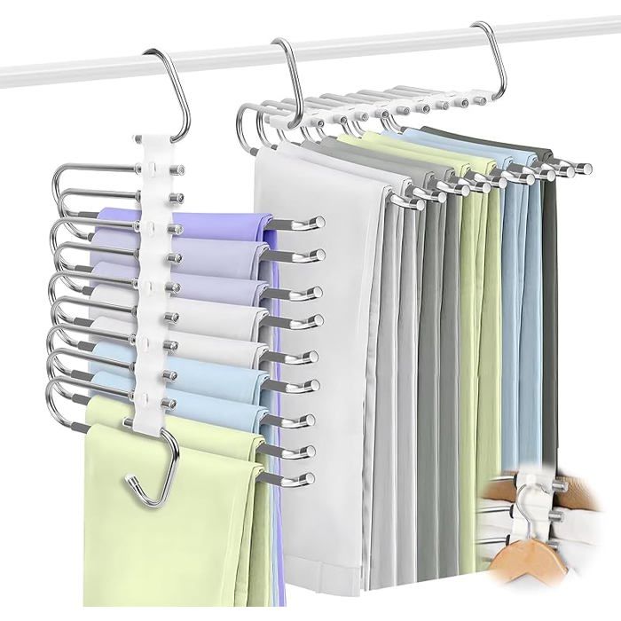 Lot de 2 Ceintre Pantalon Gain de Pce 9 en 1 Cintres Pliables Antidérapant en Acier Inoxydable Porte Pantalonpliable